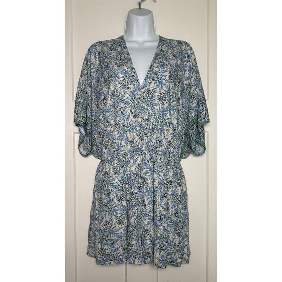 Vici Romper with Pockets Blue Green Floral Short Slv Size‎ LARGE - Picture 1 of 12